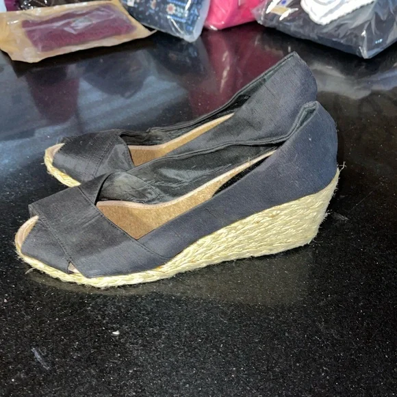 Lauren Ralph Lauren Cecilia Black Shantung Silk Espadrille Wedge sandals - Picture 4 of 8
